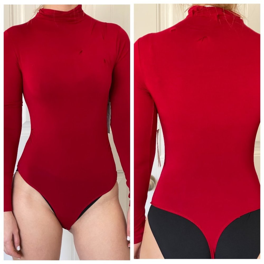MIFRESIA NWT Red Turtleneck String Bodysuit Silky Knit Gathers Pleats XS S